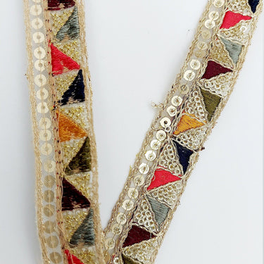 Gold Sequin Border With Multicoloured Triangle Embroidery, Beige Shimmer Lace Trim, Decorative Trim